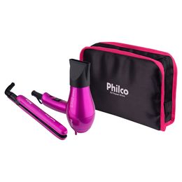 Kit Philco Prancha + Secador Travel Shine Rosa